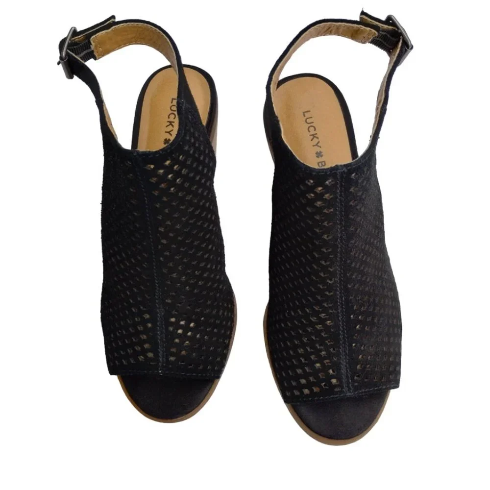 Lucky Brand Bertel Sandal Sling Back Perforated Leather Suede Block Heel Size 7 - Picture 4 of 13